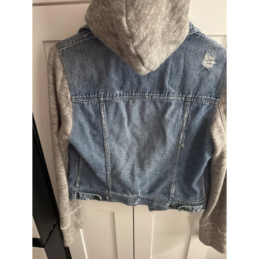 Free People Denim Hooded Jacket Blue Distressed Mixed‎ Media Knit Sleeve Small